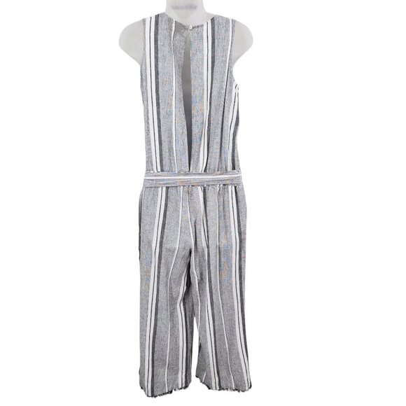 Cloth & Stone Striped Jumpsuit Wide Frayed Legs Open Back Linen Blend XS - Picture 3 of 16